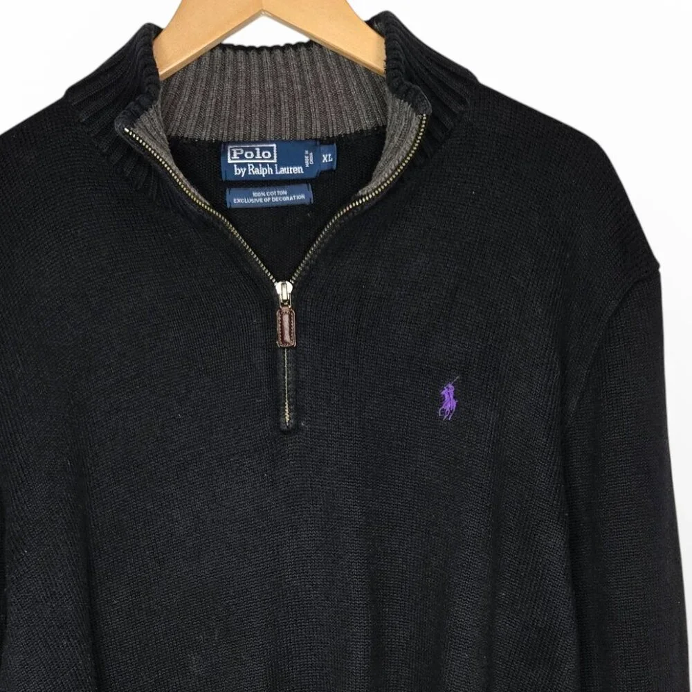 Polo Ralph Lauren Quarter Zip Pullover Sweater Men Black Knit Purple Pony‎ XL